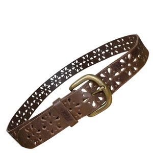 Brown Floral Perforated Leather Belt Antique Metal Buckle Western Boho Cowgirl L